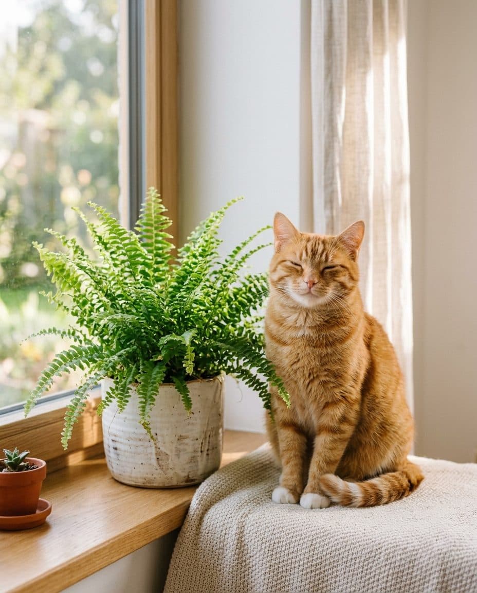 Happy cat next to a safe Boston Fern