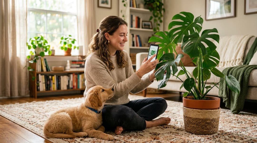 Pet owner scanning houseplant with golden retriever