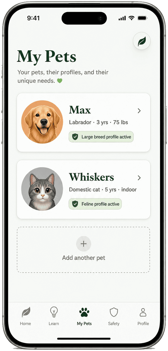 SafeLeaf My Pets profile screen